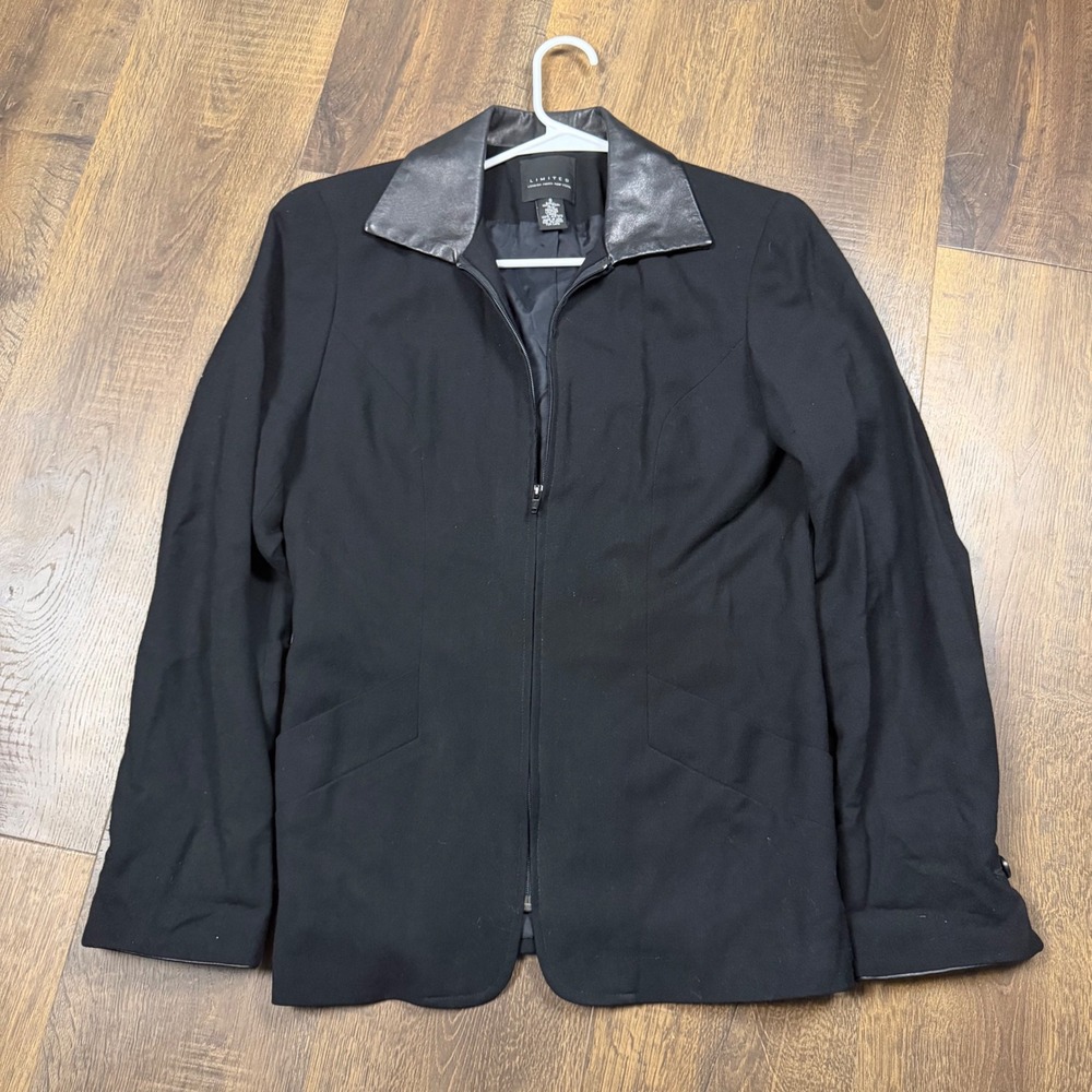 Limited London Paris New York Women's S Black Wool Leather Trim Zip Blazer